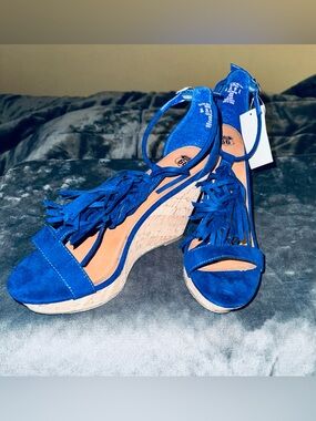 *New* Rt. 66 Blue Suede Fringe Wedge Sandals - Women
